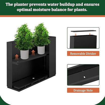 Large Rectangle Planter Metal Black Planter Box with a Drainage Hole and a Removable Divider Indoor Outdoor Porch Pots for Tall Plants, Trees, Flowers 29.92"x 12.01" x 24.02" Black