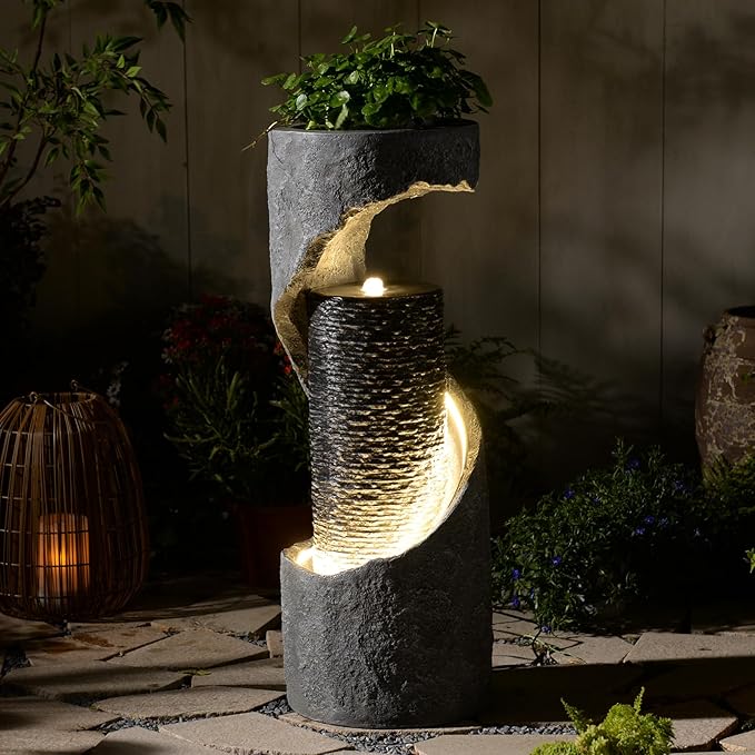 35.4" H Indoor Water Fountain Water Feature Outdoor for Garden, Patio, Deck Decorations, Yard, Porch, Office with Lights Spiral Water Fall Fountains Outside Home Art Decor
