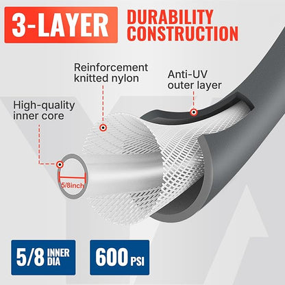 YAMATIC Heavy Duty Garden Hose 5/8 in x 75 ft with Swivel Handle, Super Flexible Water Hose, All-weather, Lightweight, Burst 600 PSI, Grey