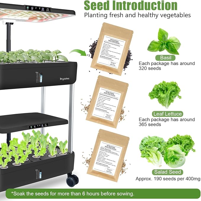 44-Pod Indoor Hydroponic Growing System + 3 Free Seeds Starter Kit (Lettuce, Salad Mixed, Basil Seeds) – Dual 53W Full-Spectrum LED, 10-L Water Tank, 2-Tier Grow Pods