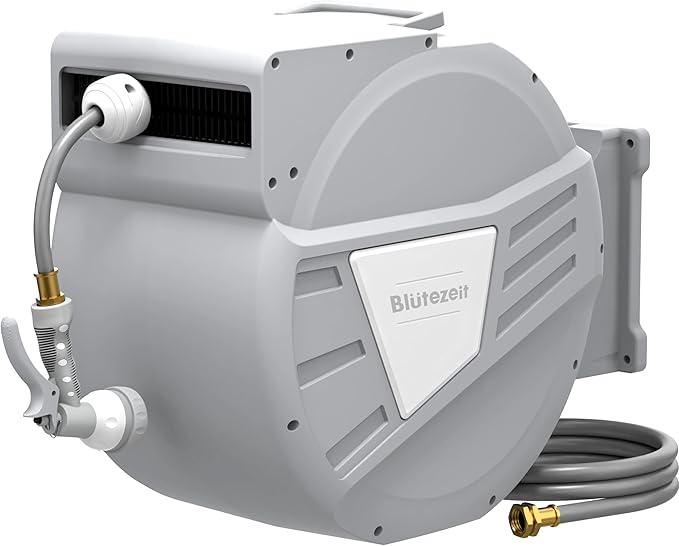 Blütezeit Retractable Garden Hose Reel 5/8'' x 100 ft, Heavy Duty Hose Reel Wall Mount with 3/4''GHT Brass Fitting, Automatic Slow Rewind, Any Length Lock, 180° Swivel, 9 Function Hose Nozzle