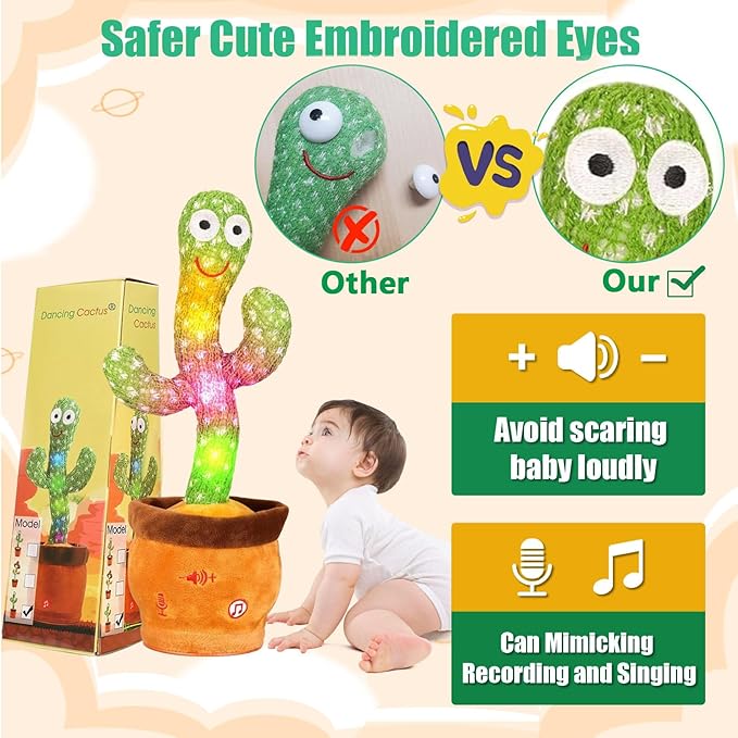 Volume Adjustable Dancing Talking Cactus, Singing Repeating Recording Mimicking Cactus Baby Toys, Interactive Learning Tummy Time Toy for Toddler Boys Girls Funny