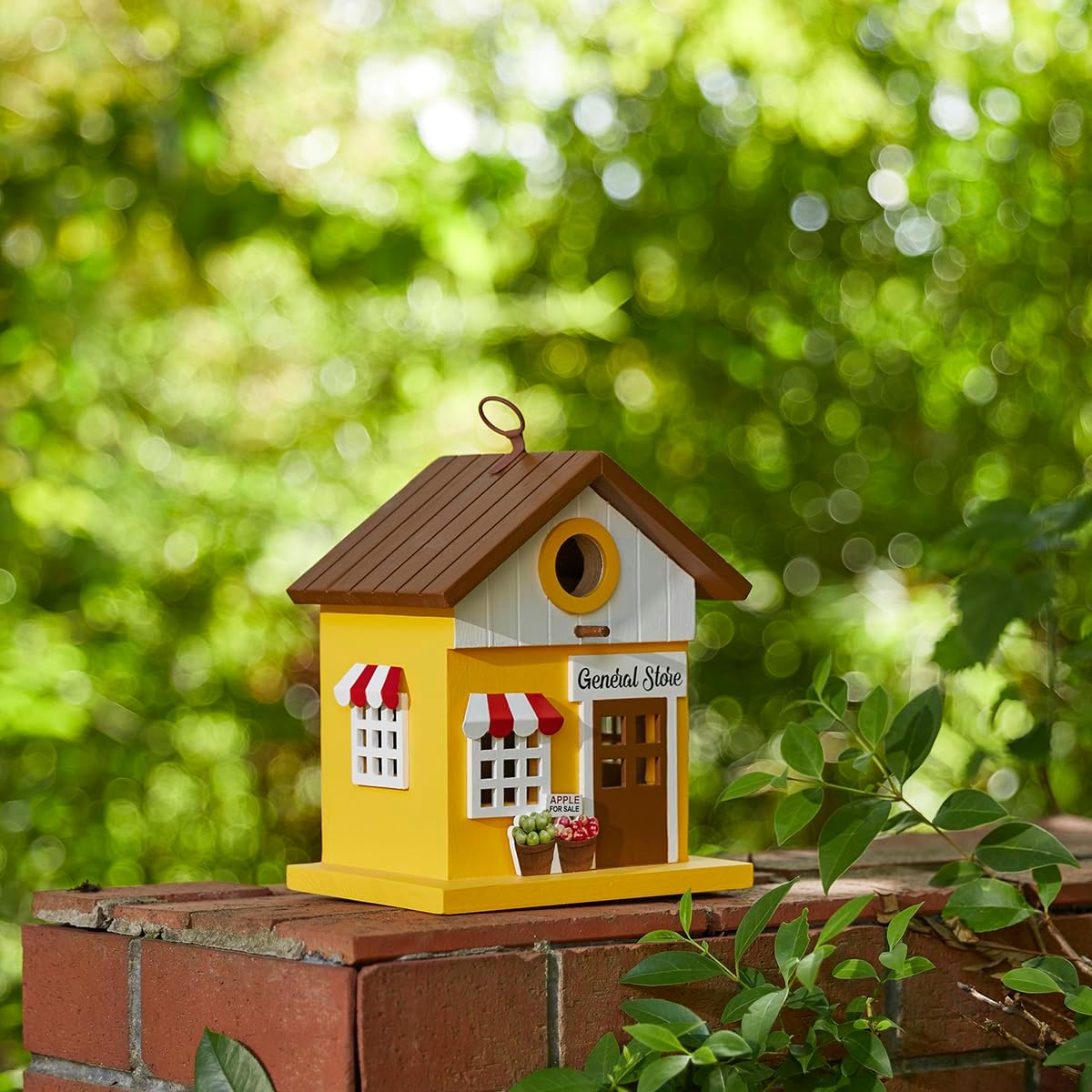 Glitzhome Birdhouses for Outdoors,Solid Wood Hanging Bird Houses for Outside, 9.5" H Modern General Store Decorative Pet Cottage Outdoor Garden Birdhouse for Outdoor Patio,Yellow