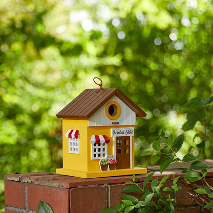 Glitzhome Birdhouses for Outdoors,Solid Wood Hanging Bird Houses for Outside, 9.5" H Modern General Store Decorative Pet Cottage Outdoor Garden Birdhouse for Outdoor Patio,Yellow