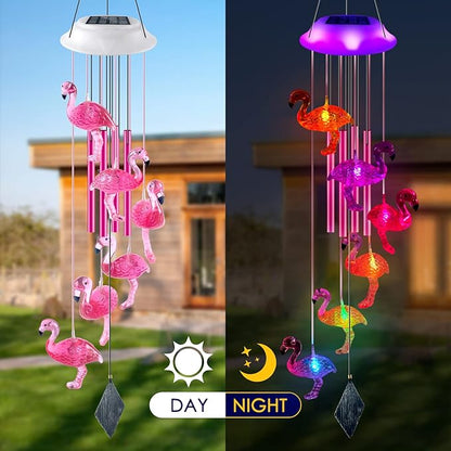 Solar Flamingo Wind Chimes, Flamingo Gifts for Women/mom/her, Glowing Top Changing Colors LED Wind Chimes for Outside, Outdoor Decoration Light for Garden Yard(Pink)