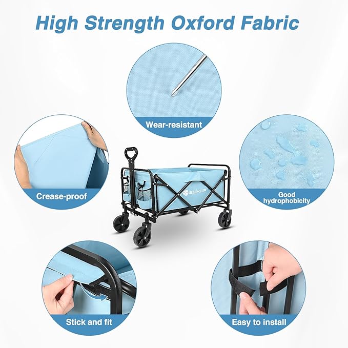 Yesker Foldable Wagon - 220lbs Collapsible Garden Carts with All Terrain Wheels for Outdoor Camping Sports Shopping Gardening - Heavy Duty Portable Utility Trolley (Blue)