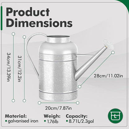 Galvanized Iron Watering Can for Indoor Plants, Bowl Watering Cans for House Plant Garden Flower, Long Spout Water Can for Outdoor Watering Plants 8.71L 2.3 Gallon
