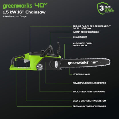 Greenworks 40V 16" Brushless Cordless Chainsaw, 4.0Ah Battery and Charger Included