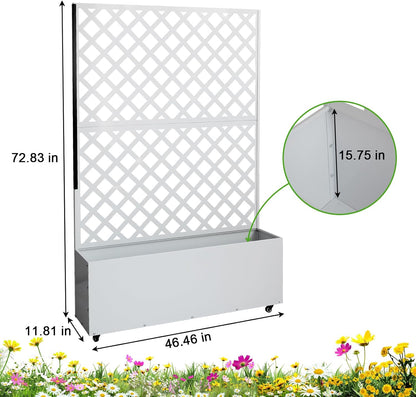 GarveeLife Metal Planter Box with Trellis, 73"x47"x12" Raised Garden Bed with Trellis & Wheels, Outdoor Garden Box with Privacy Screen & Drainage Holes for Climbing Plants Flower Vegetable, White