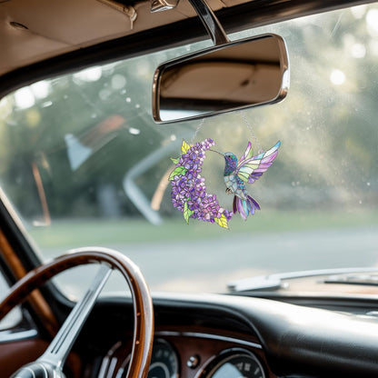 Purple Floral Hummingbird Acrylic Suncatcher Stained Glass Effect Window Car Hanging Christmas Ornament Indoor Outdoor Decor Garden Boho Sun Catcher for Bird Lover for Women Mom Grandma