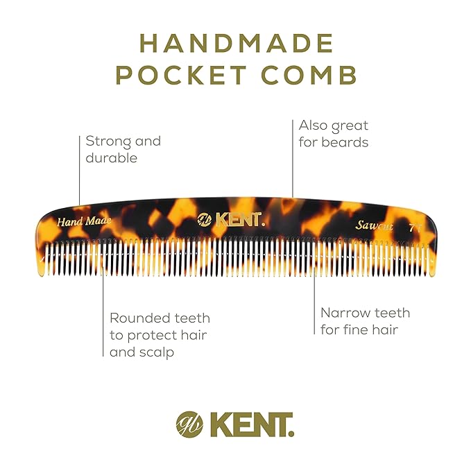 Kent 7T TY Handmade All Fine Tooth Pocket Comb for Men, Hair Comb Straightener for Everyday Grooming Styling Hair, Mustache and Beard, Use Dry or with Balms, Saw Cut and Hand Polished, Made in England