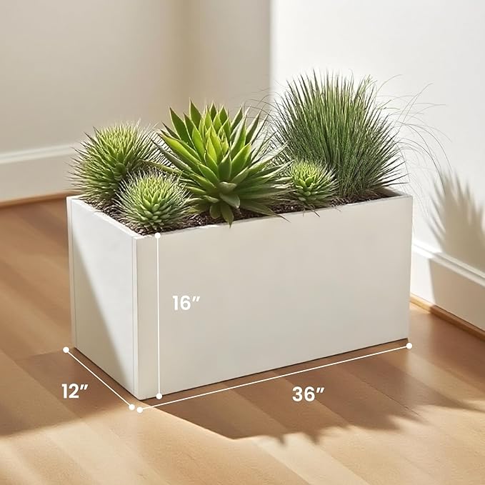 Galvanized Steel Garden Planter 36” x 12” x 16” White Metal Planter Box Modern Metallic Heavy Planter Indoor & Outdoor, Commercial & Residential (White, L36 x W12 x D16)