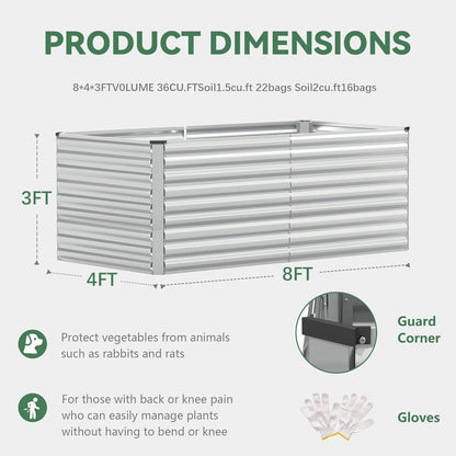 FOOWIN 2pcs 8x4x3ft Galvanized Raised Garden Bed, Planter Raised Garden Boxes Outdoor, Large Metal Raised Beds for Gardening, Garden Bed for Vegetables, Flowers, Herb, Silver