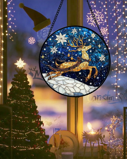 Stained Glass Window Hanging - Reindeer Blue Starry Sky Suncatcher for Doors Home Christmas Decoration Winter Sun Catcher Thanksgiving New Year Birthday Gifts for Women Men Mom Nana 6.3 in