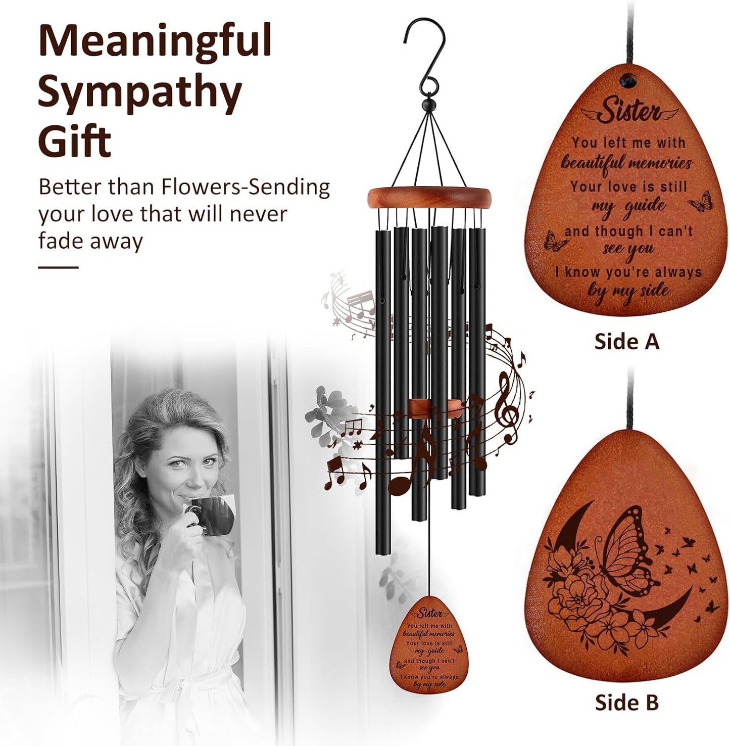 Memorial Gifts for Loss of Sister,Memorial Wind Chimes 25'', Loss of Sister Sympathy Gifts, Home Decor Outdoor Garden, Soothing Melodic Tones with Mute Option