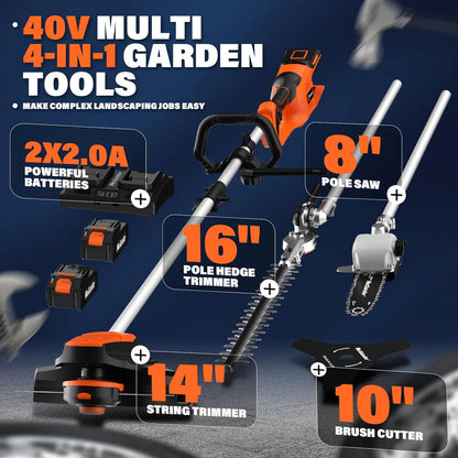 MAXLANDER 40V Weed Wacker Cordless, String Trimmer/Edger, Pole Saw, Hedge Trimmer and Brush Cutter, 4-in-1 Multi-Tool Kit with 2X20V 4.0Ah Battery and Charger