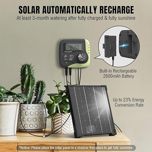 Raddy WS-1 Drip Irrigation Kit, 5W Solar Powered Automatic Watering System, Easy DIY Water Timer for Plants on The Balcony, Gardens, and Green House, Supported 15 Pots