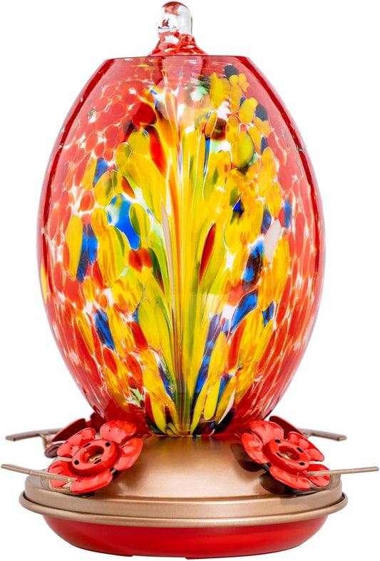 Muse Garden Glass Humming Bird Feeders for Outdoors - 27OZ Blown Glass Hummingbird Feeder - Unique Gift for Mom Bird Lovers Women, Outdoors Hanging Garden Decor, Includes Ant Moat & Brush, Red Phoenix