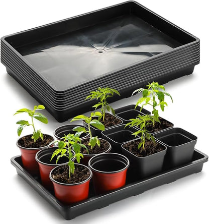 10 Pack Nursery Pots Trays (17"x11"x2"), Plastic Flat Seed Starter Trays, Durable Carrying Seedling Starter Tray, Reusable Tray for Planting and Collecting Drainage Water (Black)