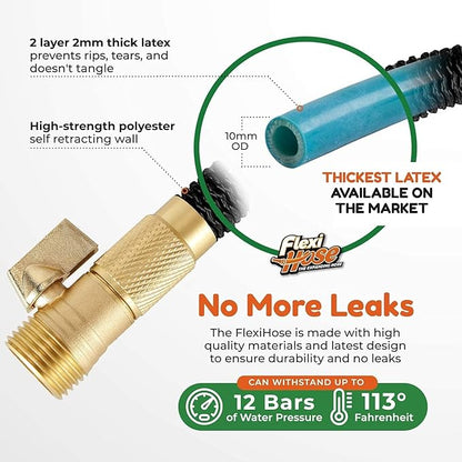 Flexi Hose PLUS with 8 Function Nozzle Expandable Garden Hose, Lightweight & No-Kink Flexible Garden Hose, 3/4 inch Solid Brass Fittings and Double Latex Core, 50 ft Black