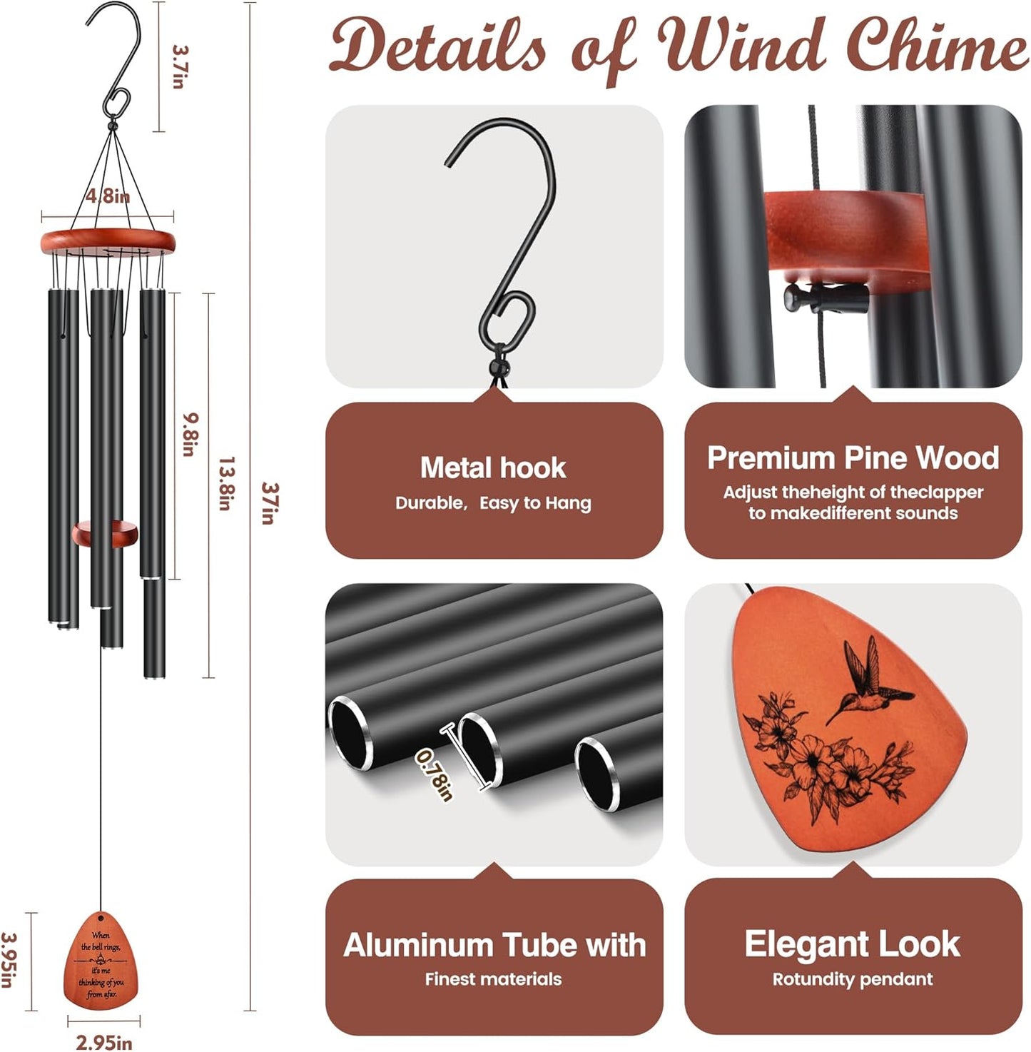 Large Outdoor Aluminum Wind Chimes 37 Inches，Soothing Gentle Sound Perfect for Garden Patio Decoration, Great Gift for Housewarming 、Memorial 、Mother's Day Wind Chimes for Outside