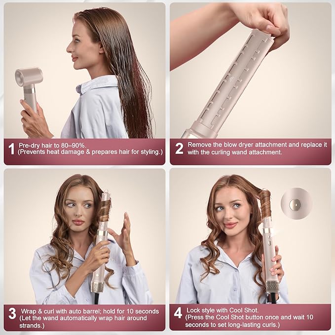 StyleVibe 6-in-1 Air Styler, Hair Dryer & Blow Dryer Brush with Auto Wrap Curl L/R, Fast Drying, Smooth Blowouts, Root-Lift Volume, No Heat Damage Frizz-Free Thermal Brush with Travel Bag