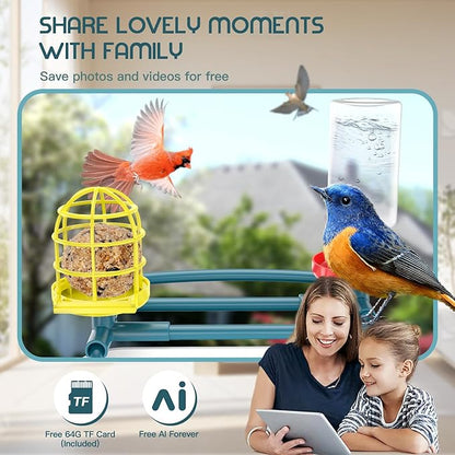 Bird Feeder with Camera, Free AI Forever for 11,000+ Species, 64G TF Card & 1080P HD, Solar-Powered Wireless Outdoor Design, App Alerts & Two-Way Audio for Garden Wildlife Watching (Haze Blue)
