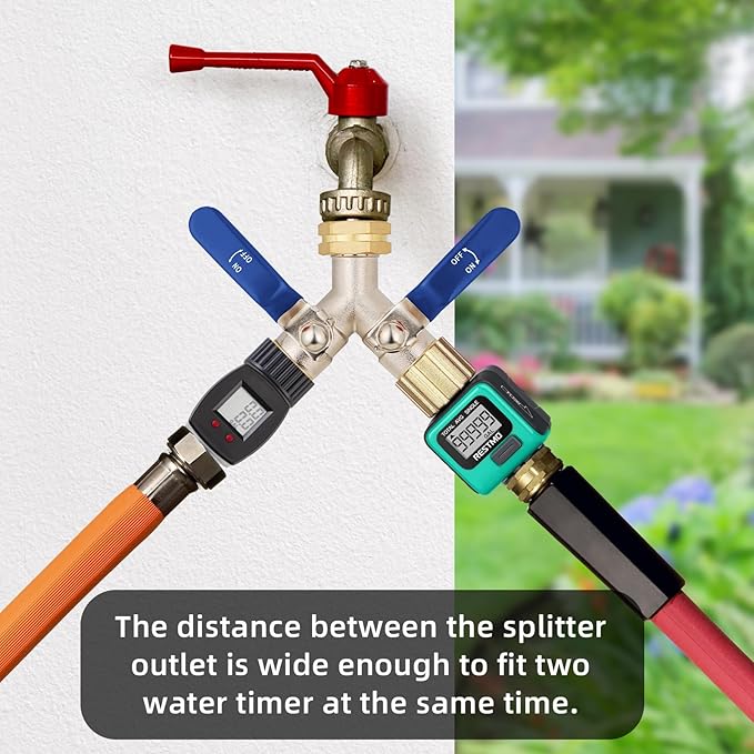 2 Way Hose Splitter, Brass High Flow Garden Hose Splitter Heavy Duty, Hose Connector, Water Spigot Splitter, Full Flow Faucet Splitter with shutoff, 3/4” GHT Inlet