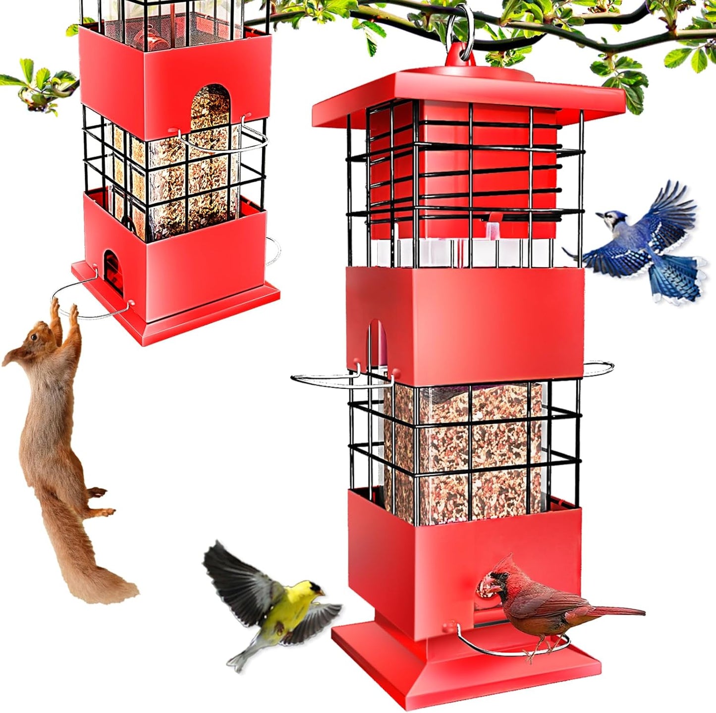 Squirrel Proof Bird Feeder, 3LBS Hanging Bird Feeders for Outdoors, Metal Anti-Squirrel Birdfeeder for Blue Jay, Cardinal, Outside (Red)