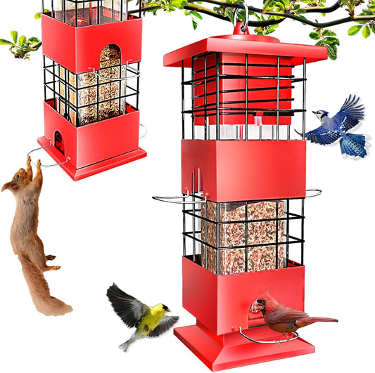 Squirrel Proof Bird Feeder, 3LBS Hanging Bird Feeders for Outdoors, Metal Anti-Squirrel Birdfeeder for Blue Jay, Cardinal, Outside (Red)