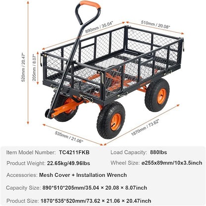 VEVOR 880lbs Steel Garden Dump Cart Utility Wagon, Heavy Duty Yard Dump Wagon Cart with Removable Sides, Pullable Handle, Utility Liner, 10in All Terrain Wheels