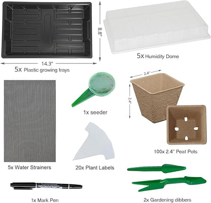 Seed Starter Kit with 100 Peat Pots for Seedlings Seed Starter Tray, Including 100 Square Biodegradable Seed Starter Pods, 5 Plastic Growing Trays with Water Strainer& 20 Plant Labels