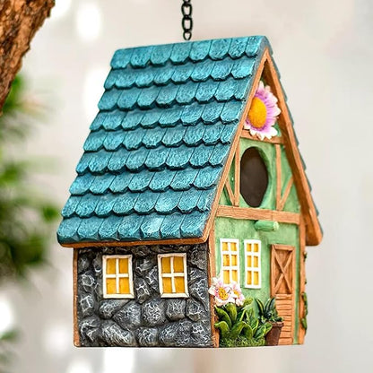 Cottage-Style Hanging Birdhouse with Flower Accents – Hand-Painted Resin Decorative Bird House for Outdoors, Weather-Resistant Garden Decor for Small Birds