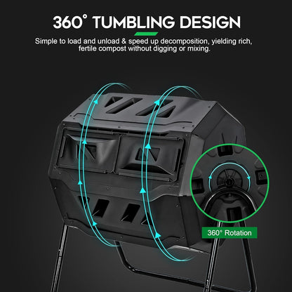 43 Gallon Large Composting Tumbler Dual Chamber Outdoor Garden Rotating Compost Bin Tumbling Composter with Sliding Door,Black