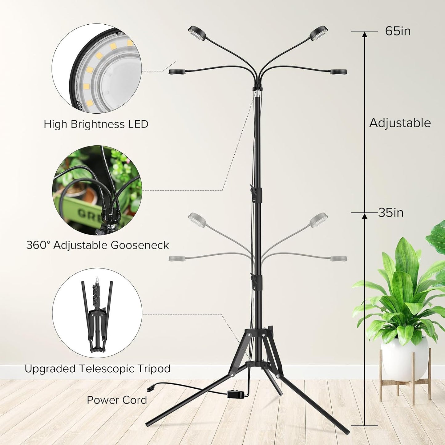 SANSI Grow Lights for Indoor Plants, 4 Head Dimmable Plant Lights for Indoor Growing, 40W 35"-65" Adjustable Standing Plant Grow Lights Indoor Tripod Auto On/Off Timer Grow Light