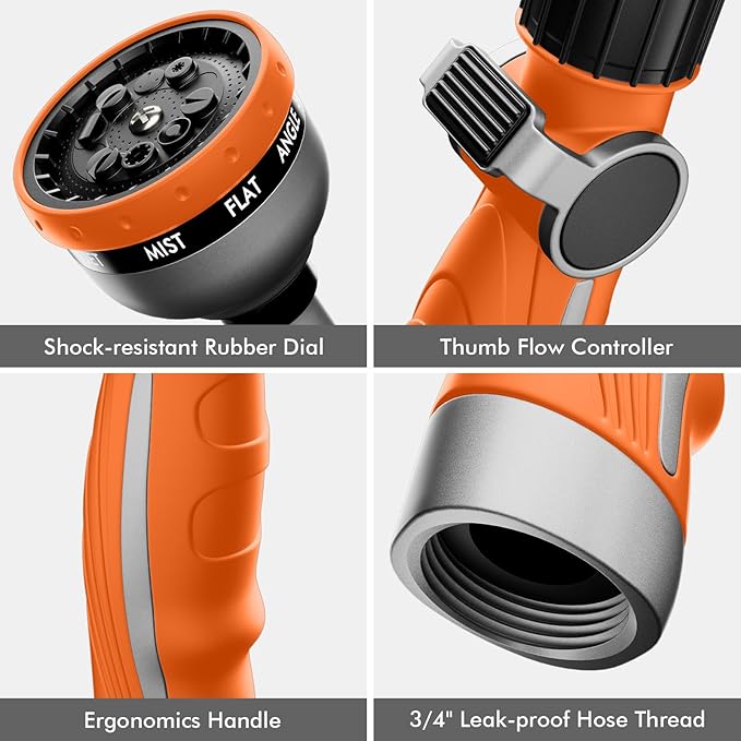 RESTMO Watering Wand Heavy Duty, Metal Garden Hose Wand with 10 Spray Patterns, 15-Inch Long Hose Nozzle Sprayer with Thumb Flow Control, Ideal to Water Hanging Baskets and Shrubs, Orange