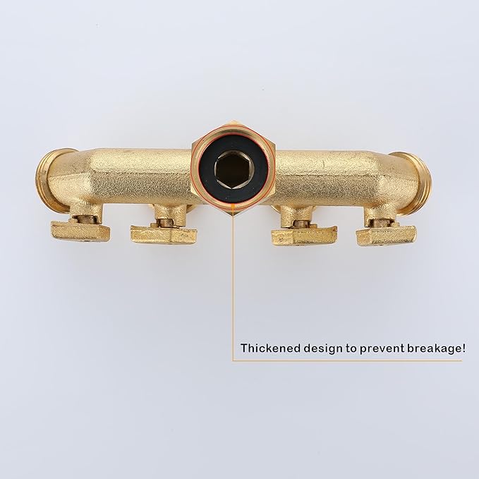 Bropury 4 Way Hose Splitter with Thickened and Optimized, Solid Brass Hose Connector NPT3/4", Hose Spigot Adapter 4 Valves with 5 Extra Rubber Washers and on/off Wrench (4 way)
