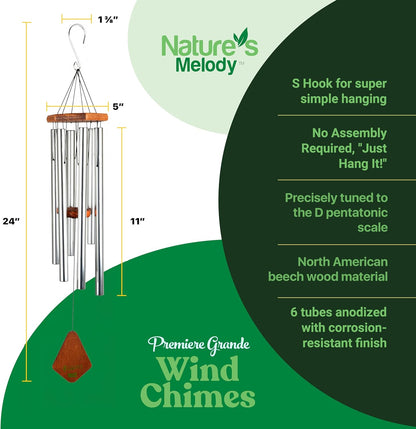 Nature’s Melody Premiere Grande Tunes Wind Chimes – Outdoor Windchime with 6 Tubes Tuned to E Pentatonic Scale, Rustproof Aluminum, Beech Wood & S Hook Hanger for Sympathy, Memorial Gift or Zen Garden