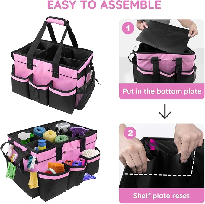 ZKOO Large Cleaning Caddy Bag with Handle, Built-in Sturdy Support Board, Adjustable Shoulder Strap, Multi-compartment Design Cleaning Supply Tote for Cleaners & Housekeepers (Pink)