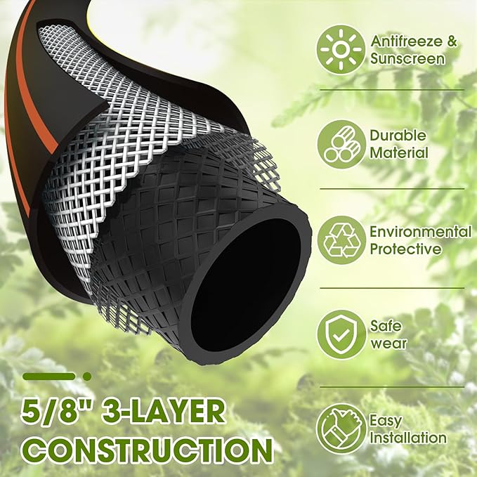 Heavy Duty Garden Hose – 5/8 Inch Flexible, Lightweight Hybrid Hose with 600 PSI Burst Pressure, Swivel Handle, and Durable Copper Male/Female Fittings (Black with hose sprayer, 75FT)