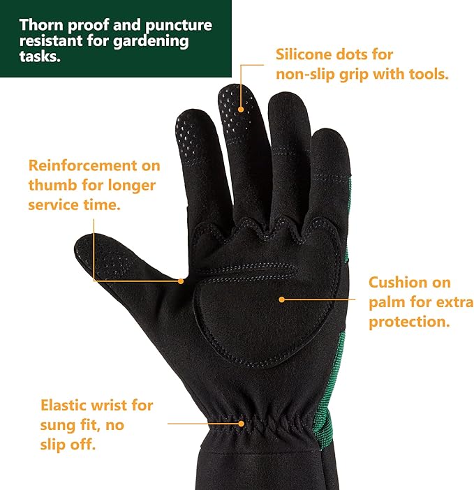 COOLJOB Thorn Proof Rose Pruning Garden Gloves for Men, Long Sleeve Padded Yard Work for Bush, Blackberry, Cactus, Heavy Duty/Puncture Resistant/Machine Washable, Xlarge, Green