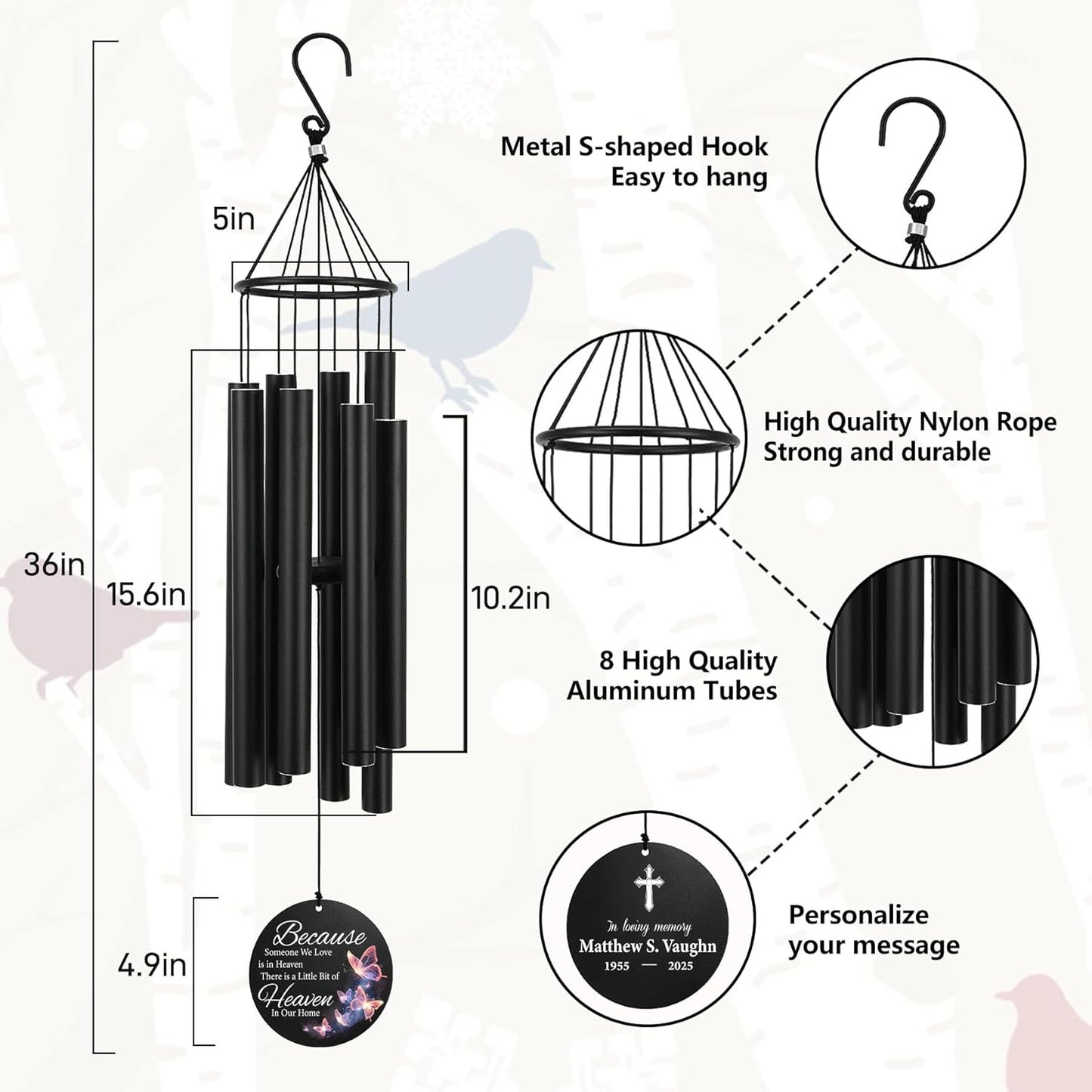 Personalized 36" Memorial Wind Chimes, Bereavement Gift to Honor a Loved One's Remembrance, Sympathy Gift for Loss of Mother Father Husband, for Outdoor Garden
