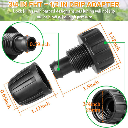 3/4 Inch Female Pipe Thread to 1/2 Inch Drip Irrigation Tubing Adapter: 6 Pieces 1/2 In. Barbed Drip Line x 3/4 In. Faucet PVC Adapter Connect 3/4" FHT Faucet Garden Hose