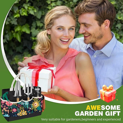 22Pcs Gardening Tools Set for Women Heavy Duty Garden Hand Tool Kit Gardener Gifts for Beginner Gardening Accessories with Tote Bag/Shovel/Repotting Mat/Plant Labels/Gloves-Black