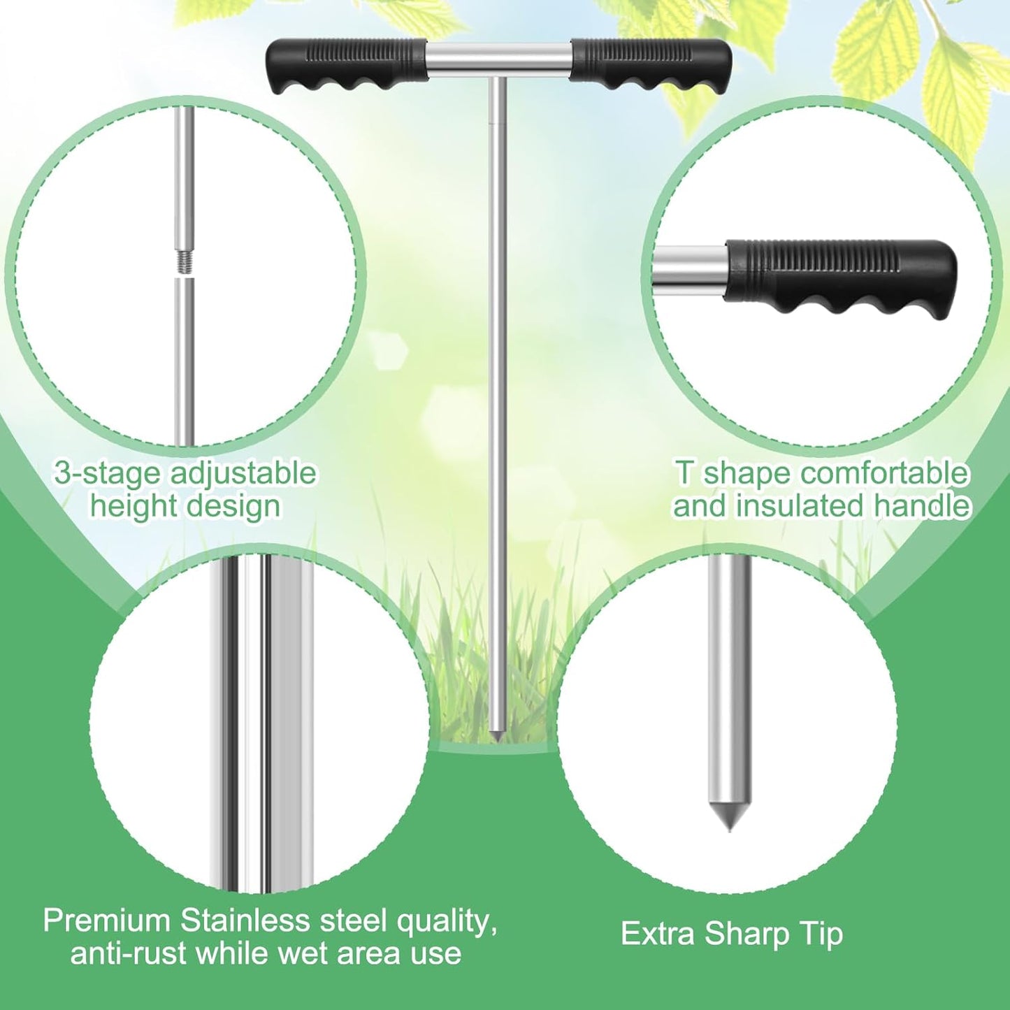 Soil Probe Rod with Gloves, COITEK 32"-48" Stainless Steel Tank Probe Rod, Adjustable Ground Rod Tool with Heavy Duty T-Handle for Locating Tank Underground Pipe Gravel Rodent Runs