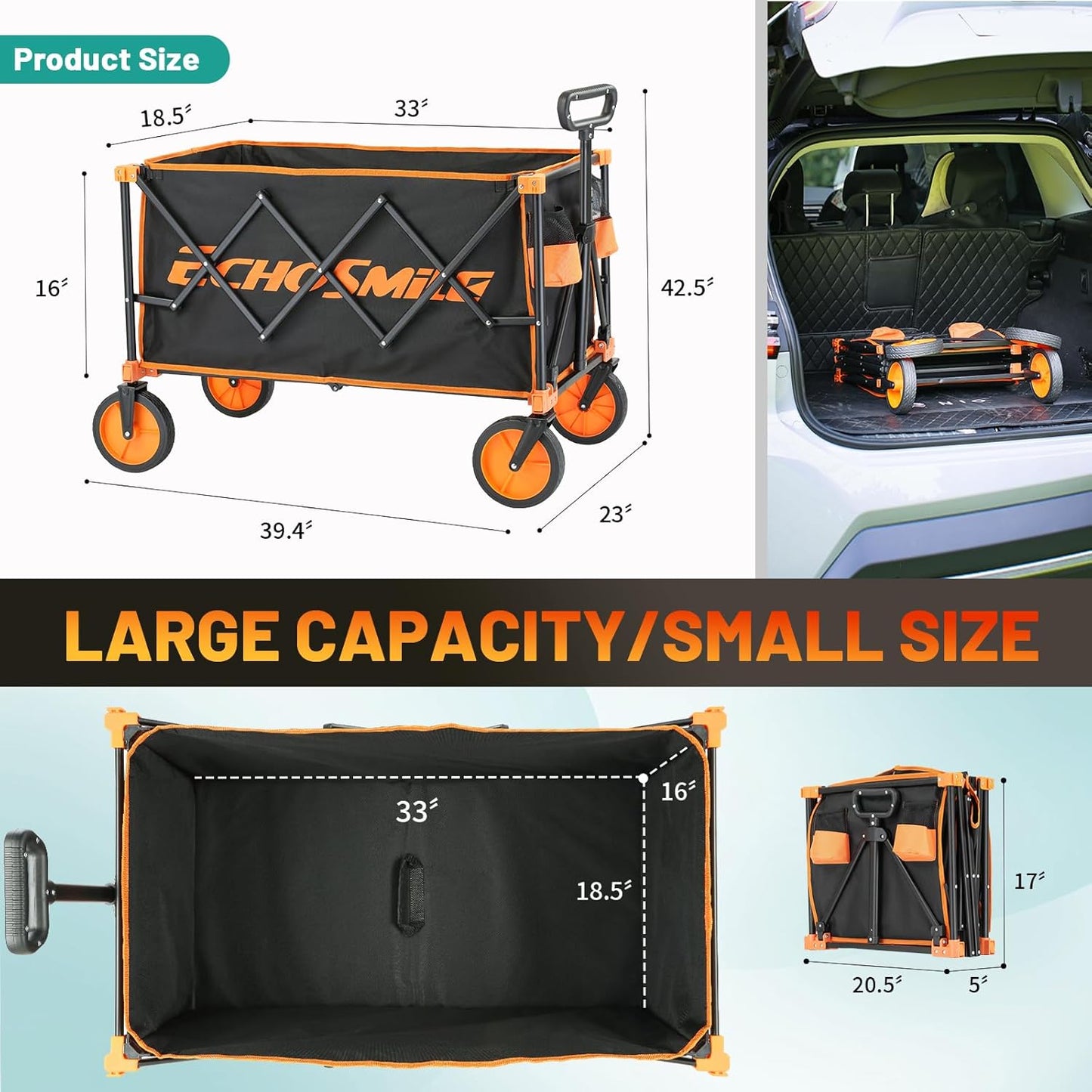 EchoSmile Collapsible Foldable Wagon Cart with 350lbs Weight Capacity, Heavy Duty Folding Utility Sport Wagon with Removeble Wheels for Camping,Grocery,Garden,Beach,Orange&Black
