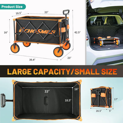 EchoSmile Collapsible Foldable Wagon Cart with 350lbs Weight Capacity, Heavy Duty Folding Utility Sport Wagon with Removeble Wheels for Camping,Grocery,Garden,Beach,Orange&Black