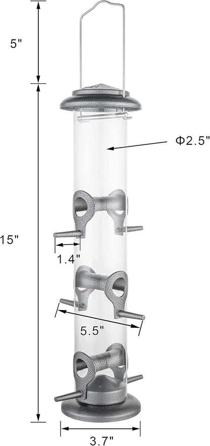 iBorn Metal Bird Feeder Hanging Wild Bird Seed Feeder for Mix Seed Blends Heavy Duty All Metal Silver Finish,14 Inch 6 Port(Seed is not Included)