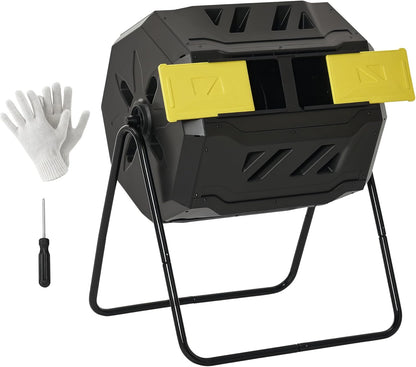 Outsunny Tumbling Compost Bin Outdoor 360° Dual Chamber Rotating Composter 43 Gallon, Yellow