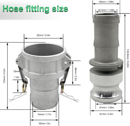 SAFBY 2PCS 2 inch Type C and Type E, Pin Lug, Aluminum Cam Lock Fittings Cam Groove Camlock, Male and Female Adapter with Hose Fitting 2PCS Whip Stop Hose Restraint 6PCS Hose Clamps